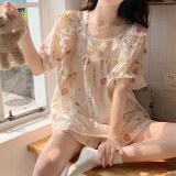 贞喜气睡衣女夏季 泡泡纱薄款甜美睡衣宽松可外穿家居服套头短袖套装 裤【m】建议155-160cm，80-100斤