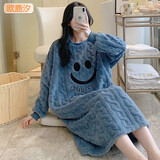 欧鹿汐大码珊瑚绒睡裙女秋加绒加厚睡衣女士冬天法兰绒保暖加肥码连衣裙 YQM1229蓝色笑脸 2XL 码 (建议170-190斤）