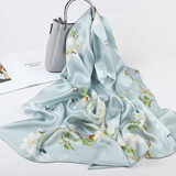 达芬奇密码真丝丝巾女冬季桑蚕丝春夏围巾长辈送礼妈妈披肩生日母亲节礼物 玉蝶春叶 浅蓝