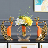 格熙伦欧式摆件地台轻奢电视柜高档酒柜装饰品陶瓷客厅90后现代简约陶瓷人物家居工艺品网红女装直播间道具 孔雀舞者（橙金）+双环橙瓶黄绣球花束