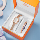 格玛仕（GEMAX）女表石英表防水复古方形小绿表女士手表女生ins风日历品牌腕表 玫壳白面（含精品手镯+鉴定证书+礼盒）