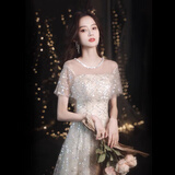 诺丽缇香槟色晚礼服气质高端主持夏季生日亮片伴娘裙2025新款高级质感女 香槟色长款 S