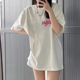 妙奕嘉短袖t恤女纯棉白色夏季2025年新款显瘦遮肚宽松潮流长款半袖上衣 粉色字母白色短袖【白标纯棉】 L 【建议 115斤内】