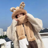 N.Arctic小熊帽子围巾手套三件套女冬季加绒加厚防寒围脖连帽头套保暖护耳 开心兔子三件套卡其