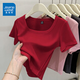 真维斯（Jeanswest）简约风t恤女夏季韩版紧身显瘦方领短款短袖女装休闲百搭半袖小衫 酒红 纯色 XL