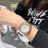 GUOU古欧手表女表女士品牌时尚欧美学生潮流气质女生石英国表女款女式高中生多功能日历防水皮带新款腕表 玫金白