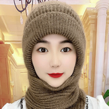 浩冠 帽子女秋冬季时尚帽子围巾一体冬天保暖防风棉帽加绒毛线帽骑行护耳针织帽 卡其