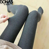 宝娜斯秋冬新款竖条螺纹打底裤女外穿高腰显瘦加绒加厚大码灰色连裤袜 黑色（踩脚）【220薄绒款】 1条 均码 （适合 80-140斤）