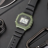 卡西欧（CASIO）男表小方块电子表 运动手表学生手表 多功能防水男士手表 方块军绿色W-218H-3A