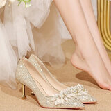 沐霓高跟鞋女婚鞋女尖头2025春秋水钻婚纱新娘鞋亮片法式气质高跟单鞋 香槟色【38码】 6cm