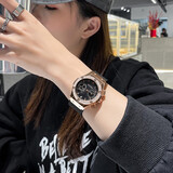 GUOU古欧手表女表女士品牌时尚欧美学生潮流气质女生石英国表女款女式高中生多功能日历防水皮带新款腕表 玫金黑