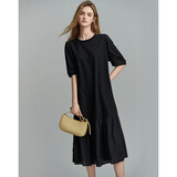 德玛纳【呼吸感针织t恤裙】夏圆领100%棉拼接浪漫荷叶边直筒连衣裙