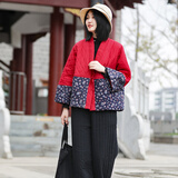 乱在江南民族风棉麻加厚保暖短外套女冬季新款连肩袖系带碎花宽松棉服 红色 均码