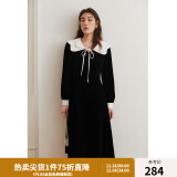 独束大码女装赫本风甜美丝绒礼服连衣裙女秋冬微胖mm系带小黑裙 夜幕黑长款 L