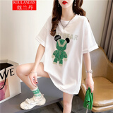 蔻兰丹短袖t恤女2025夏季新款宽松韩版学生中长款纯棉T恤半袖上衣服女 2877白色 L 【100-120斤】