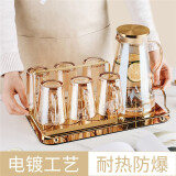 怡雅居（YIYAJU）玻璃杯水杯家庭套装耐高温茶杯带把杯子耐热牛奶杯家用杯具高颜值 琥珀杯6个+金色杯架+水壶+镜面盘