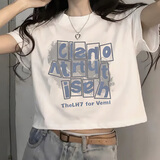 妙奕嘉新款2026年女士短袖女白色t恤衣服女装夏季小个子上衣高级高腰短t 【短款】方块字母白色短袖 L 【建议90-100斤】