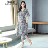 佰蓝娇2025夏季女装新款时尚洋气质高级感碎花连衣裙小个子雪纺裙子夏天 蓝色花 M （推荐91-100斤）