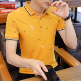 汉角  夏季男士短袖翻领t恤潮流印花男装上衣服百搭帅气体恤桖半袖POLO打底衫夏装有领带领微领小衫 黄色 XL/175【120-135斤穿】