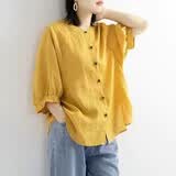 柠清研短袖棉麻t恤女宽松复古韩版文艺薄款上衣2023夏季新款中袖灯笼袖 黄色纽扣 L建议【92-108斤】