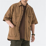 楠语秋五分袖大码工装衬衫男港风日系宽松多口袋短袖衬衣慵懒风夏季中 卡其色 2XL