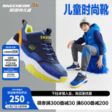 Skechers斯凯奇儿童绒绒靴男女童冬季防滑儿童加绒运动鞋中帮棉靴302527L 男童-不加绒/蓝色/多彩色/BLMT 33.5码