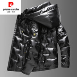 皮尔卡丹 连帽亮面羽绒服男潮流短款保暖外套冬季男士免洗衣服帅气 黑色 4XL 建议175-195斤