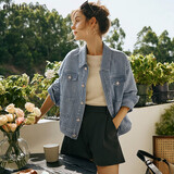 Olrain欧芮儿小香风牛仔短外套女装秋季新款宽松重工提花上衣 牛仔蓝 L