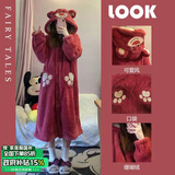 莫代尔睡衣女秋冬珊瑚绒长款可爱卡通熊睡袍法兰绒加厚保暖可外穿家居服