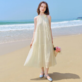 乐町山茶少女连衣裙肌理感挂脖长裙度假风飘带连衣裙 米黄（现货） S