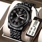 上海全自动机械表韩版时尚薄款双日历中老年夜光防水商务手表男士 瑞士精美腕表保十年--全黑