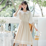 仪纤（yixian）法式复古娃娃领少女连衣裙短袖2024夏季新款森系甜美裙子学生6833 杏色 S