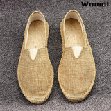 瓦迈秋季手工亚麻底草编鞋男一脚蹬懒人渔夫鞋休闲透气吸汗单鞋帆布鞋 深棕色 麻布 40