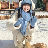 目丸软糯蓝色围巾女冬季韩版百搭高级感保暖流苏大披肩纯色围脖韩系潮 蓝色【围巾+手套】