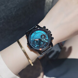 古欧（GUOU）手表女士品牌国表学生石英女款皮带高中女生多功能大表盘潮流腕表 黑皮黑枪框