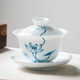 唯古 手绘三才盖碗茶杯大号三炮台白瓷单个青花瓷功夫茶具泡喝敬沏陶瓷中式复古家用办公 荷花款(满杯150ml)