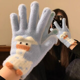 目丸可爱长颈鹿触屏毛绒针织五指手套女冬季保暖加绒加厚学生骑车防寒 蓝色长颈鹿
