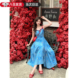 JIOESC法式旅游度假风蓝色吊带连衣裙子女夏季2025新款绝美收腰碎花长裙 海洋蓝 卡码拍大 M