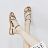 ZHR凉鞋女闪耀水钻罗马风女鞋细带百搭名族风显瘦坡跟鞋女舒适外穿鞋子女 AW55 凉鞋 米色 40