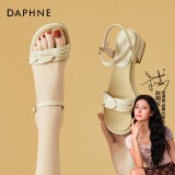 达芙妮（DAPHNE）凉鞋女夏粗跟百搭单鞋夏季新款女鞋仙女风配裙子一字带罗马鞋 米色 跟高4.2cm 36 标准码