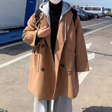 潮陣中长款毛呢大衣男春秋款过膝潮牌情侣风衣冬季潮牌连帽呢子外套 卡其色飞马奇A25 2XL