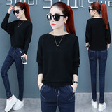 欧妤针织衫女薄款一字肩蝙蝠袖春秋装新款韩版宽松套头漏锁骨上衣女装 黑色 XXL 建议120-140斤