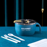 CTRLEND304不锈钢泡面碗大号带盖饭盆饭盒学生方便面碗食堂打饭个人碗 304不锈钢蓝砂色【1.3L+餐具】