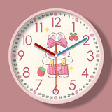 鲸麦早教学习安静挂钟客厅家用卧室钟表儿童房挂表卡通挂墙免打孔时钟 草莓小白兔-粉框 10英寸