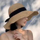 鲸曦草帽女夏季大帽檐洋气好看防晒显脸小沙滩海边度假遮阳帽可折叠 黑带蝴蝶结草帽【卡其】