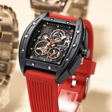 马克华菲（MARK FAIRWHALE）手表男士国潮机械表酒桶形镂空全自动男表时尚学生防水瑞士风腕表 黑壳红色胶带