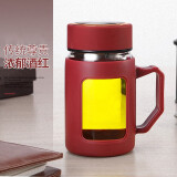 润朋 玻璃杯家用带把手男女茶杯透明水杯办公杯子大容量 朱砂红 500ml