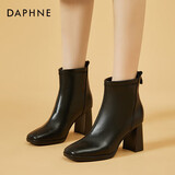 达芙妮方头短靴女粗跟气质高跟马丁靴百搭时尚皮靴女4622607029 黑色（单里） 37 