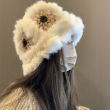 ALFB白鹿跑男同款兔毛绒醒狮帽子女秋冬天新款冬季镂空针织帽毛线帽 白色粉花