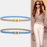 紫心竹真皮细腰带女装饰西装大衣收腰皮带女时尚百搭商务休闲裤带双面用 A面:大象灰+B面:天蓝 100cm